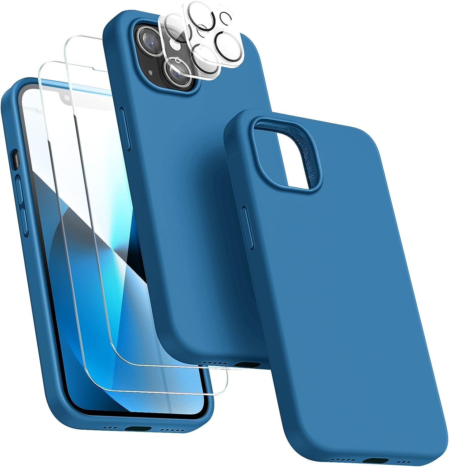 5 in 1 Designed for Iphone 13 Case, with 2 Pack Screen Protector,2 Pack Camera Lens Protector, Liquid Silicone Ultra Slim Shockproof Protective Phone Case Microfiber Lining 6.1,Blue