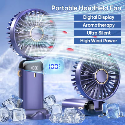 USB Handheld Mini Fan Foldable Portable Neck Hanging Fans 5 Speed USB Rechargeable Fan with Phone Stand and Display Screen