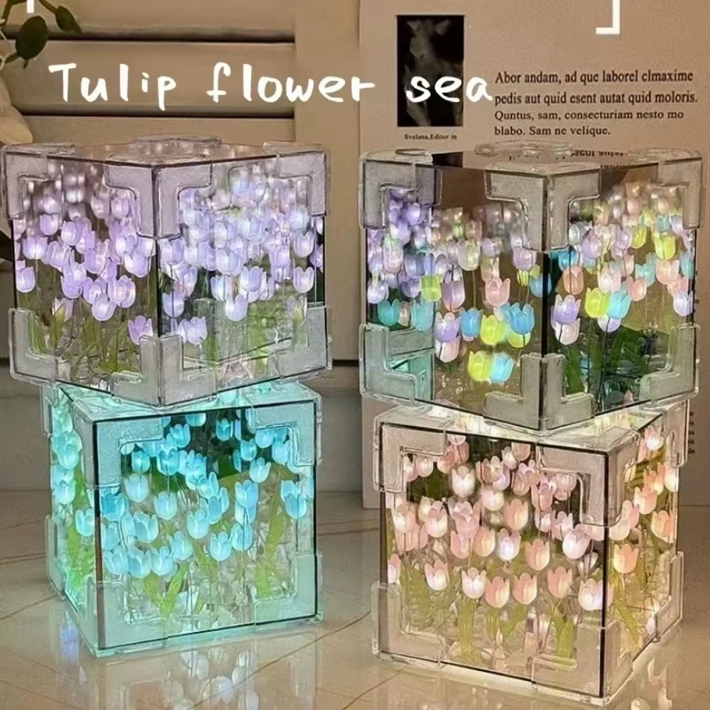 DIY Tulip Mirror Cube Lamp Flower Table Lamp Handmade Romantic Valentine'S Day Lamp Tulips Home Decorations Gift for Girlfriend