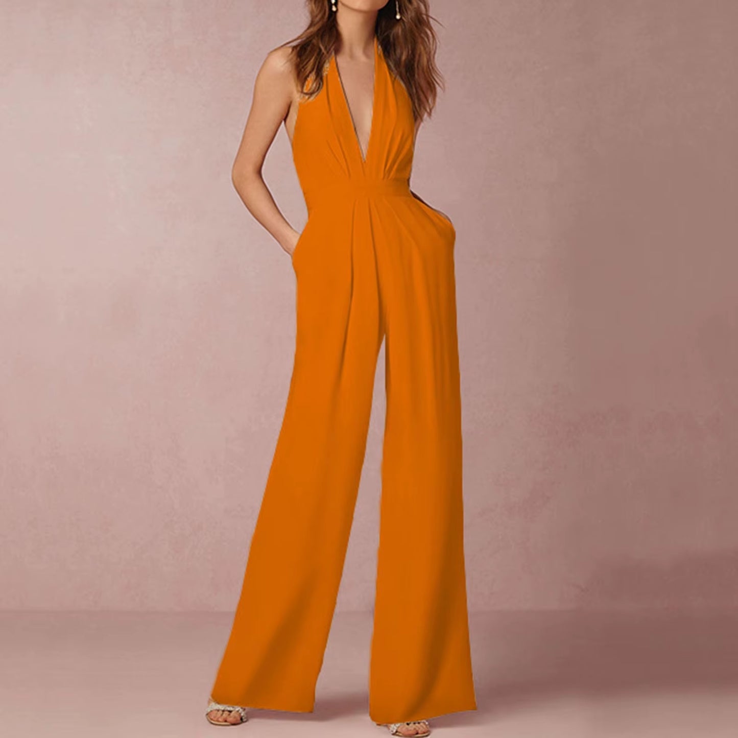 Women'S Clothing Sales Today Clearance Women Sexy Solid Color Party Sexy Halterneck Trousers with Pockets Jumpsuit Ropa Dama